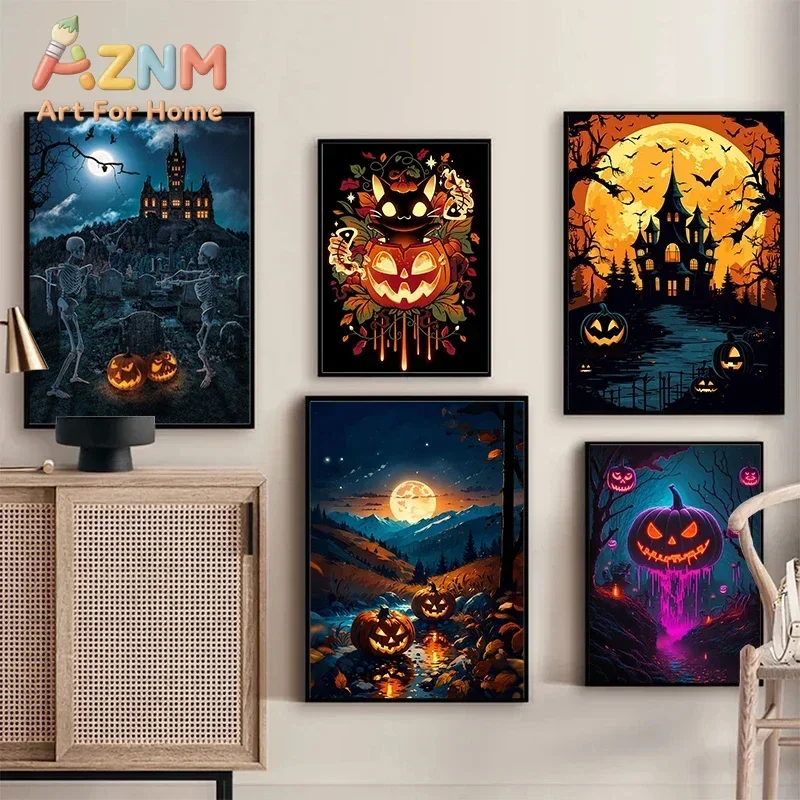 A Classic Vintage Wall Art Pumpkin Black Cat Ghost Painter Halloween Night, Printed Poster, Home Living Room Bedroom Decoration