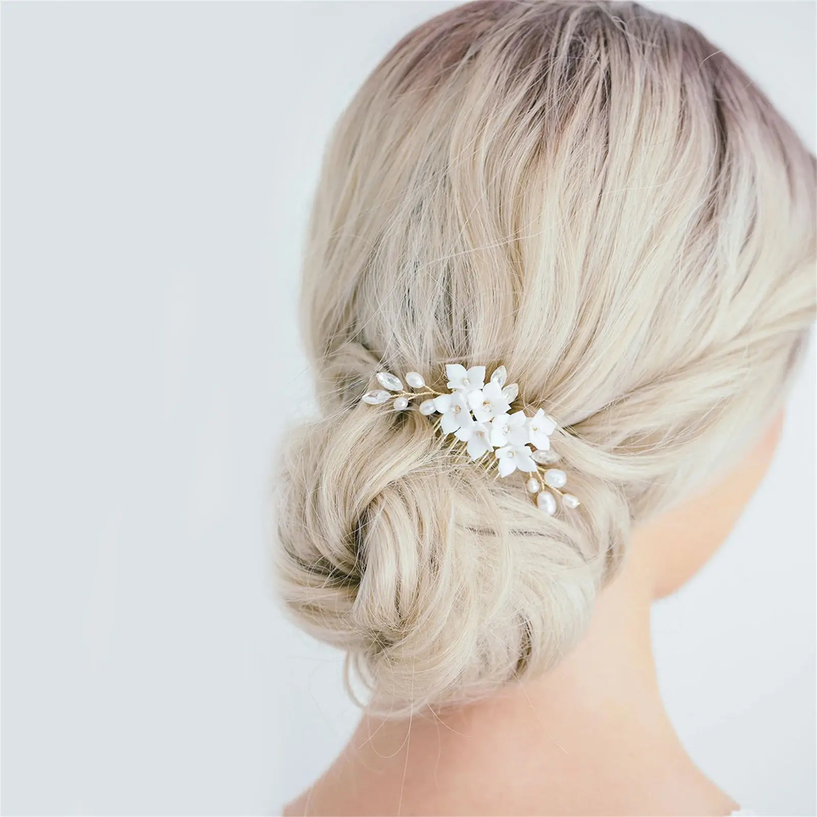 Perlen-Keramik-Blumen-Haarkamm Strass Braut-Haarspange aus Legierung Eleganter Hochzeits-Haarschmuck Hochzeits- und Abschlussball-Haarklammer – Detail 7