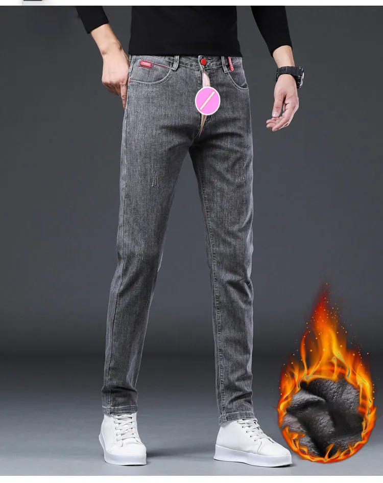 Open Crotch Outdoor Sex Men Warm Jeans Winter New Thick Velvet Slim Fit Business Casual Pants Classic Elastic Cotton Denim Pants