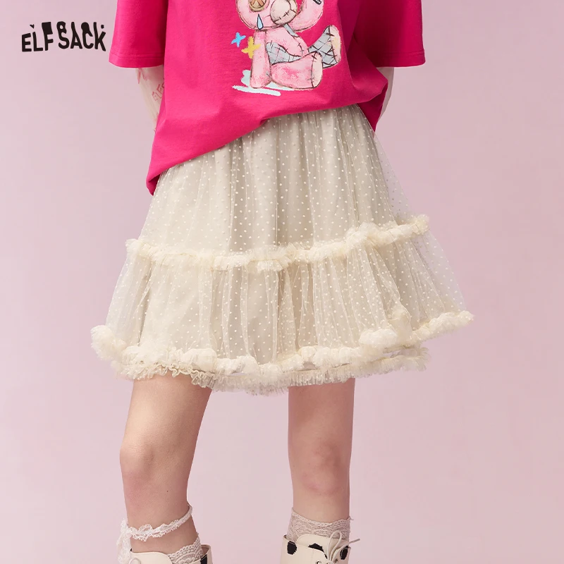 ELFSACK Sweet Tiered Ruffle Cake Skirt with Polka Dot Mesh, A-Line Mini Skirt for Women, Kawaii Party & Daily Wear
