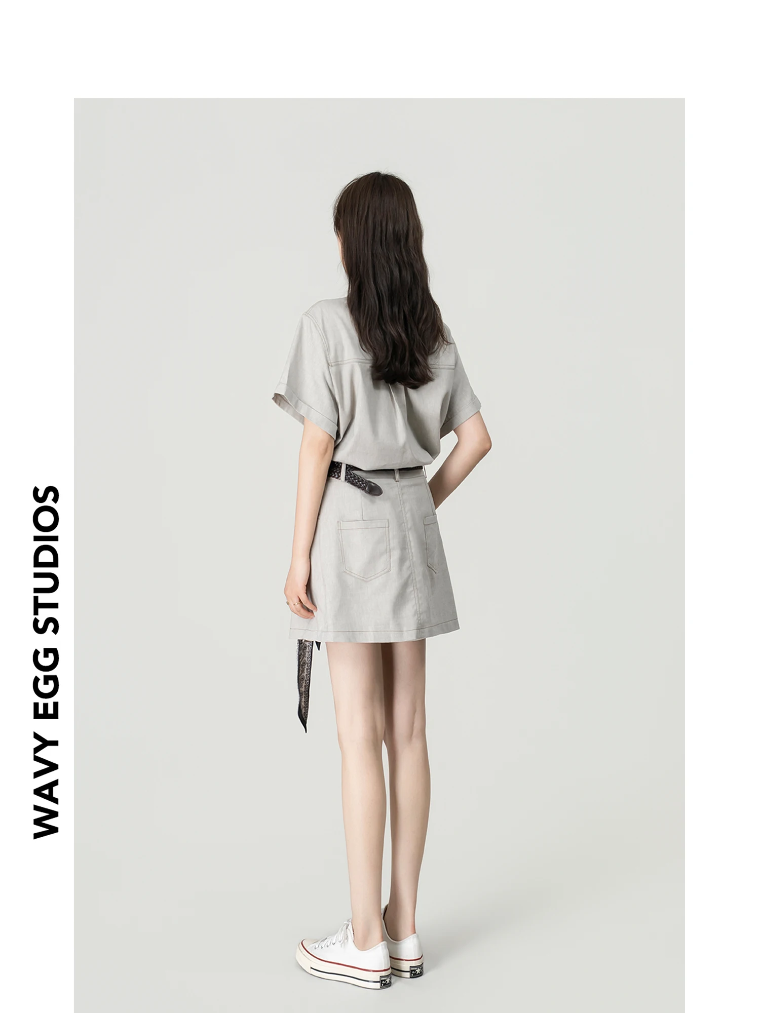 

New 47 Wave Egg Beautiful Ladies Shirt Dress Set Fashionable Korean Style Short Sleeve Two-Piece Suit Spring Season Clothing