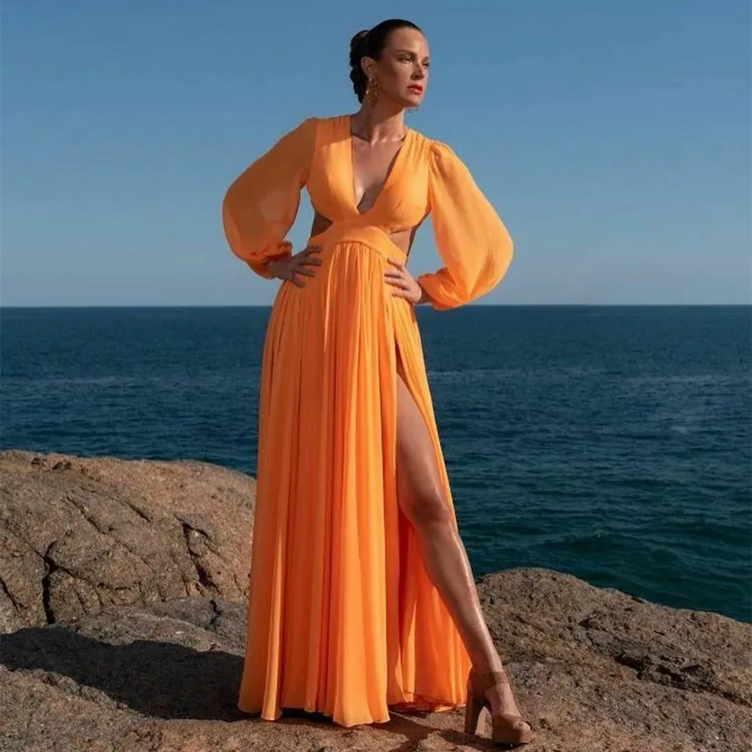 Elegant Long Orange V-Neck Evening Dresses A-Line Chiffon Side Slit Floor Length فساتين السهرة Prom Gowns for Women