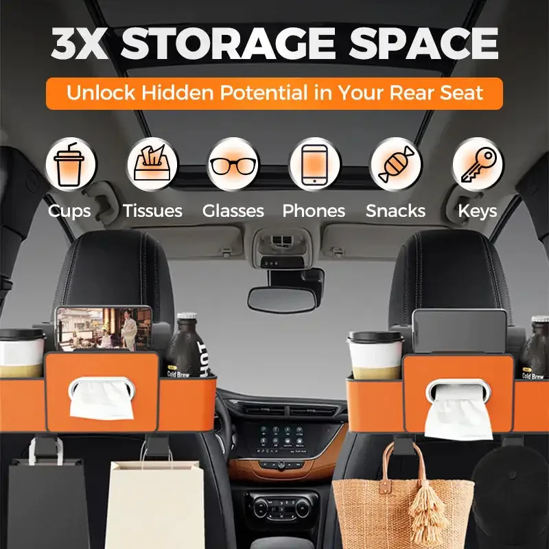 Car Multifunctional Seat Back Waterproof Storage Bag in Car Tissue Box Car Seat Back Organizer Double Hooks Tidying Hanging Bags