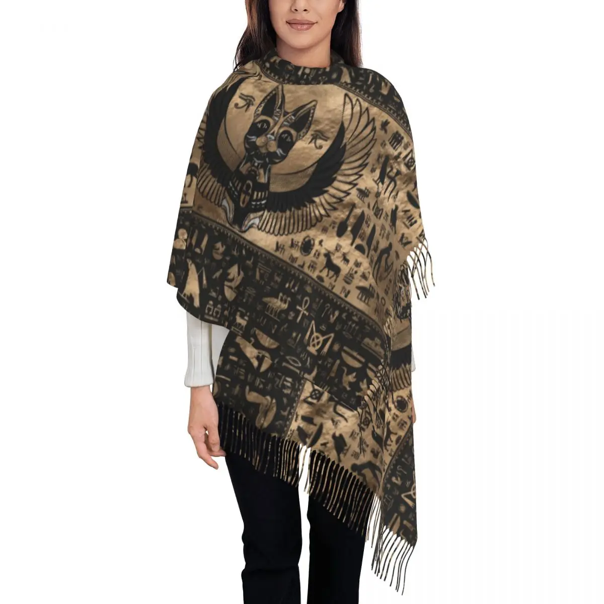 Fashion Egypt Egyptian Cat Goddess Tassel Scarf Women Winter Fall Warm Shawls Wraps Female Hieroglyphic Scarves