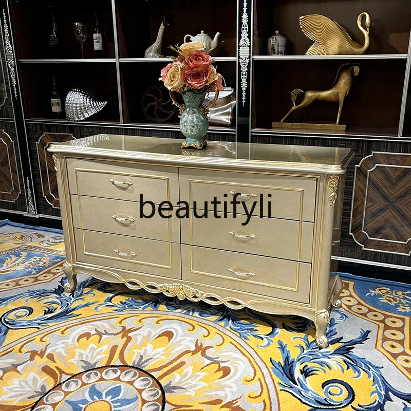 

French solid wood entrance cabinet, European luxury neoclassical living room decoration table champagne carved entrance cabinet6