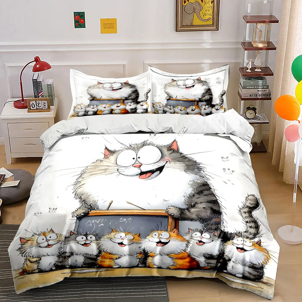 Cheerful Cat Classroom Teaching Print Bedding Set 1 Duvet Cover 2 Pillowcases for Adult and Children Luxury Gift Full Size