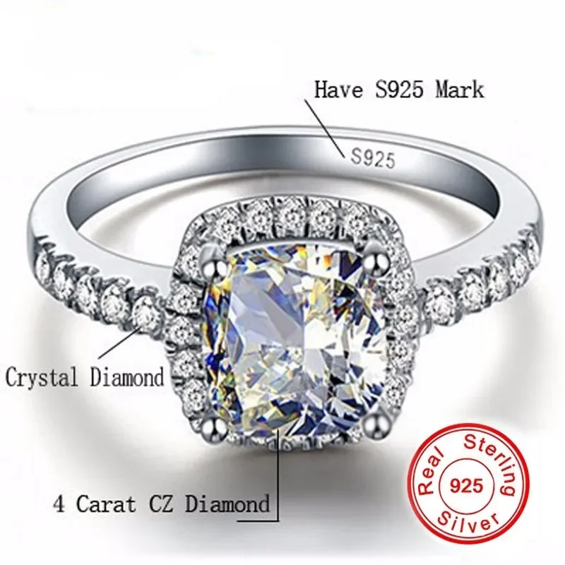 Promotion!! GALAXY 925 Sterling Silver RING Luxury 4 Carat CZ Diamond Crystal Wedding Rings For Women SIZE US 5 6 7 8 9 10 11 12