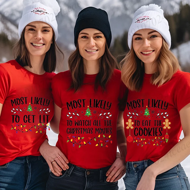Women's Casual Short Sleeve T-Shirt Most Likely To Christmas Print Ladies T Shirts Family Friends Christmas Party Tee Shirts Top