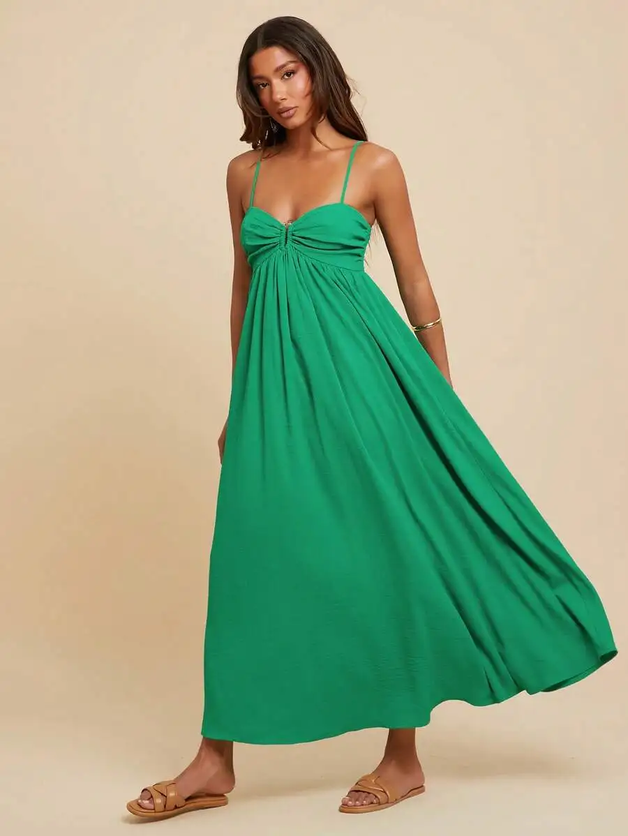 

Emerald Green Spaghetti Strap Maxi Dress with Ruched Bust and Flowy Skirt