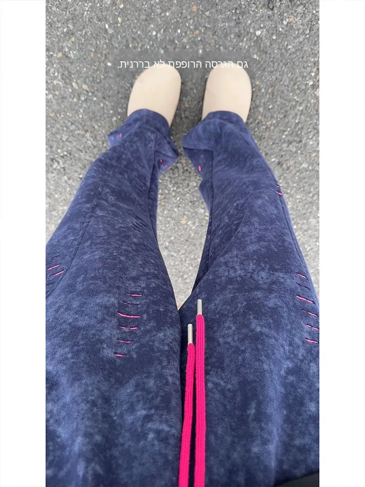 American Retro Tie Dye Men's Sweatpants Autumn Hole Design Sensation Knife Pants High Sense Sport Casual Long Pants