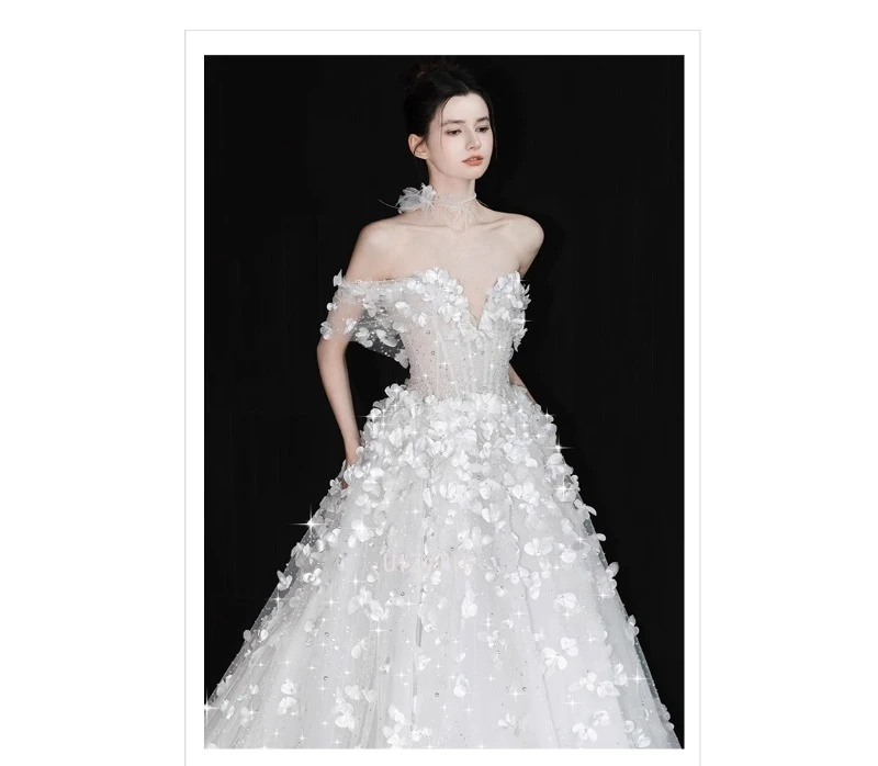 Gaun Pengantin Mewah Ringan Model Off-Shoulder untuk Wanita, Gaun Pemotretan Bunga Buatan Tangan, Gaun Pengantin A-Line Korea yang Sederhana