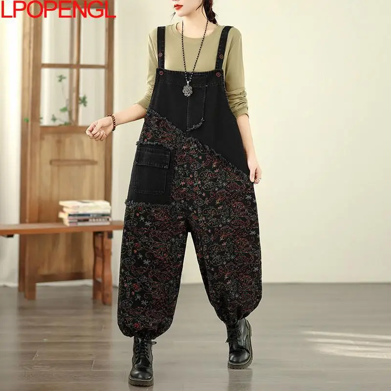 Printed Fashionable Casual Versatile Personalized Denim Overalls 2026 Women's Color Blocked Large Pocket Streetwear Harem Pants