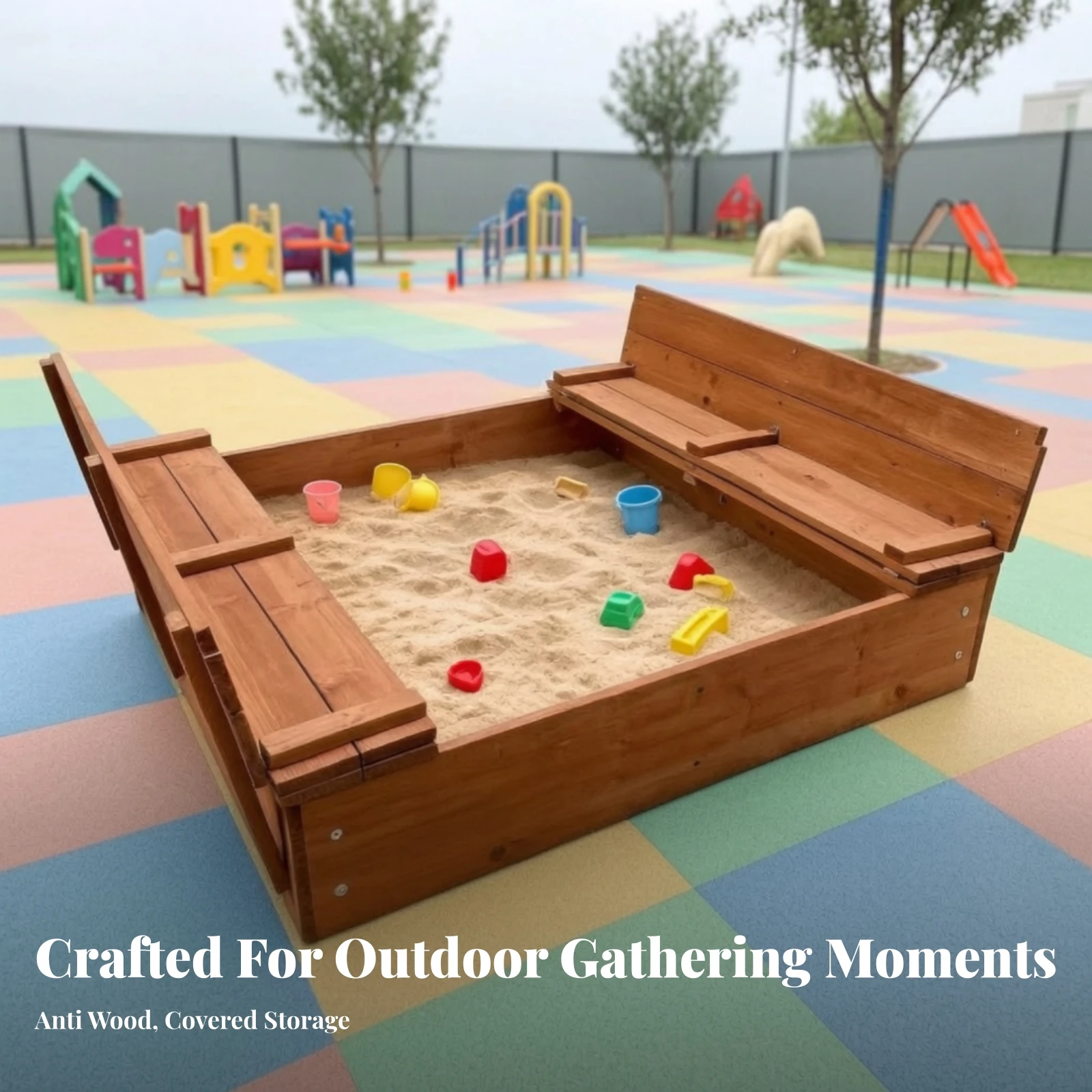 Wooden Sandpit Large Wooden Sandbox Sandpit with Cover Rectangular Sandbox with Benches Eco-Friendly for Children, Garden