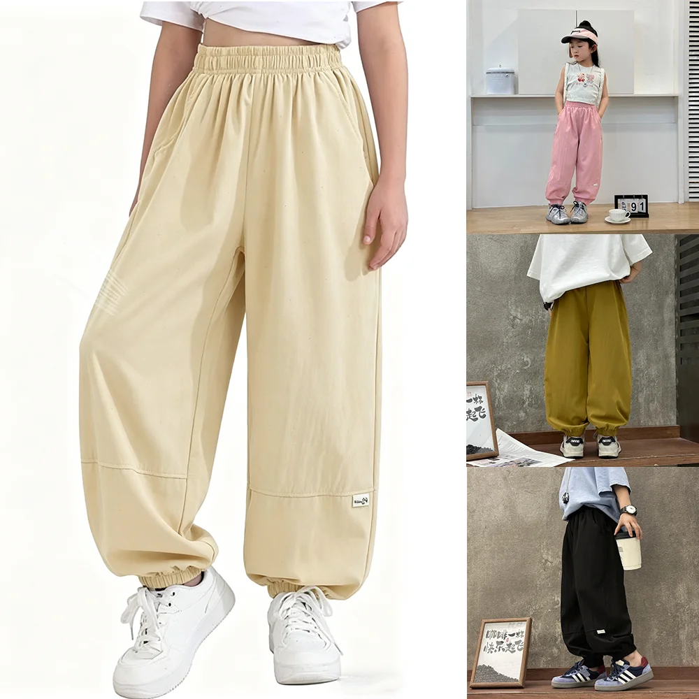 Summer Girls Boys Lightweight Baggy Joggers with Pockets Children Quick Drying Pant Cinched Bottom Hip Hop Dance Pants 2-12Years