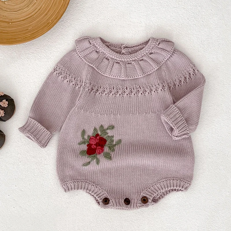 

2025 New Autumn 0-24M Baby Clothing Newborn Baby Knitted Bodysuits Long Sleeved Embroidery Infant Baby Girls Knitted Jumpsuit