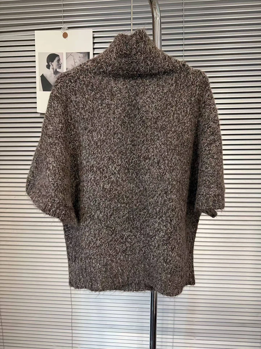 GALCAUR Colorblock Spliced Fluffy Loose Sweater for Women High Collar Short Sleeve Patchwork Double Breasted Sweaters Female New