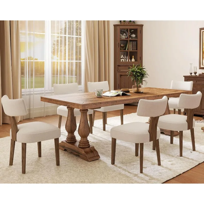Kursi Makan Modern Set Isi 6, Kursi Dapur Sandaran Melengkung Aksen Berlapis Kain Linen Rumah Pertanian, dengan Hardwo