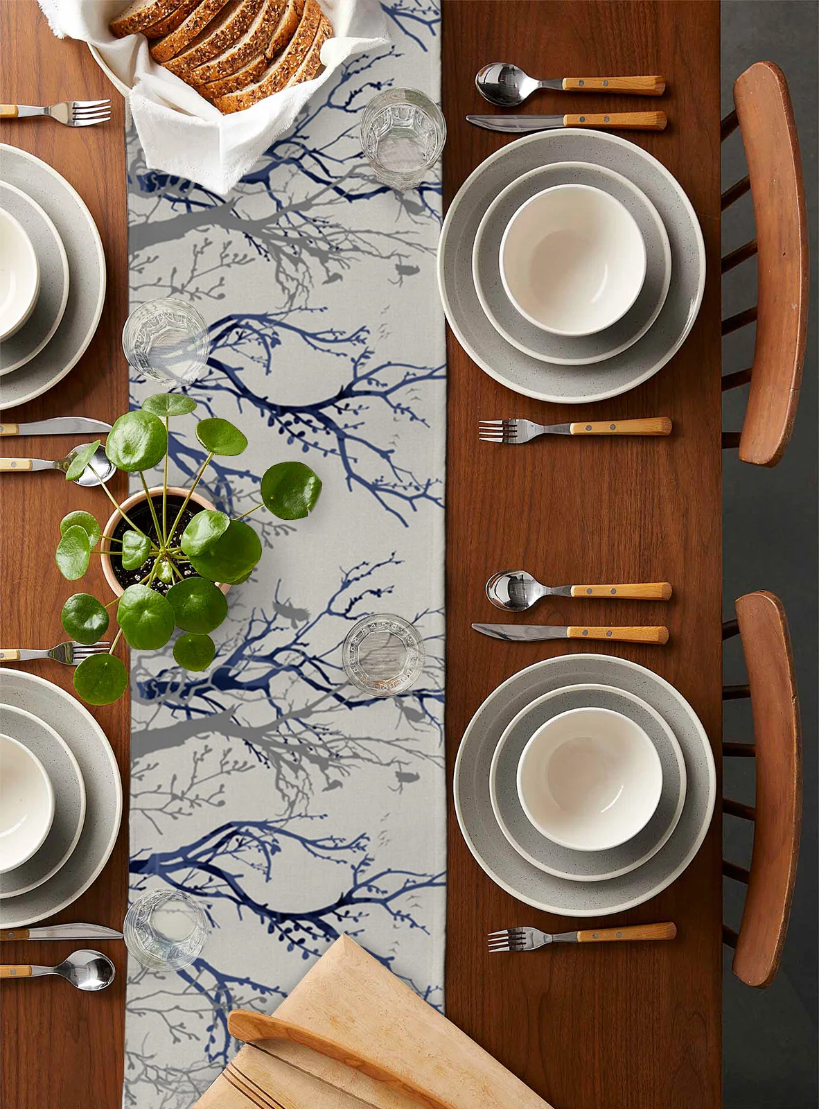 Plant Branches Hand-Painted Bird Blue-Grey Table Runner Decoration Home Decor Dinner Table Decoration Table Decor