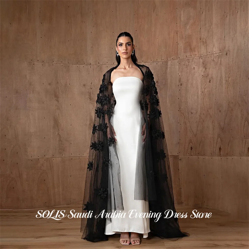 

SOLIS White Prom Dress Strapless Celebrity Dress with Black Flower Shawl Women's Evening Dresses Simple Formal Gown Customized