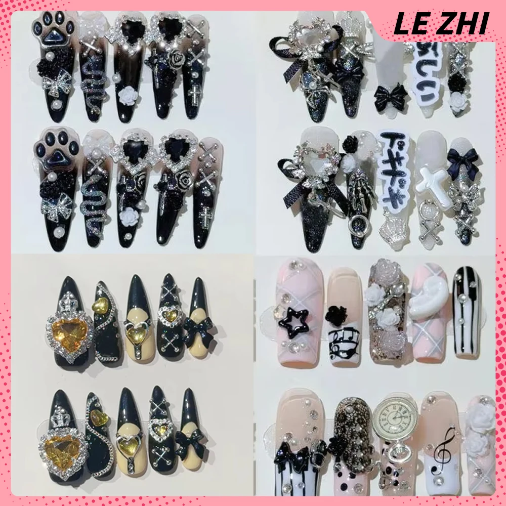 

Dark Gothic Spice Girl Style Handmade Long Stiletto Press On Nails Diamond Flowers Metal Bow Crown Fake Nails