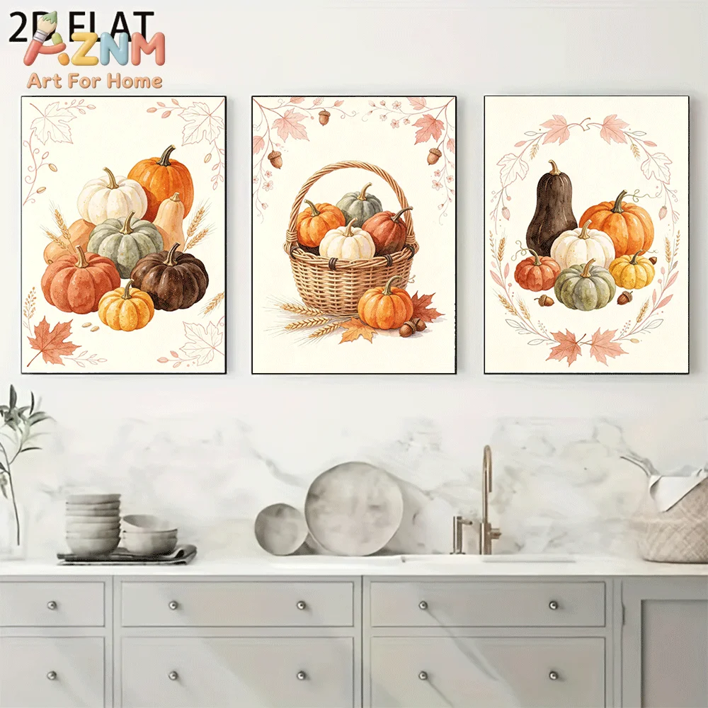 AZNM Frameless Canvas Wall Art, Watercolor Autumn Pumpkin Basket Print, Maple Leaf Wheat Harvest Art Poster for Thanksgiving Kit