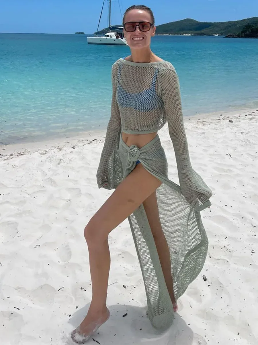 2024 Hollow Out Knitted Long sleeved Top and short Skirt  2 piece Set Outfits Women Elegant Summer Wrap Over Split Holiday Beach