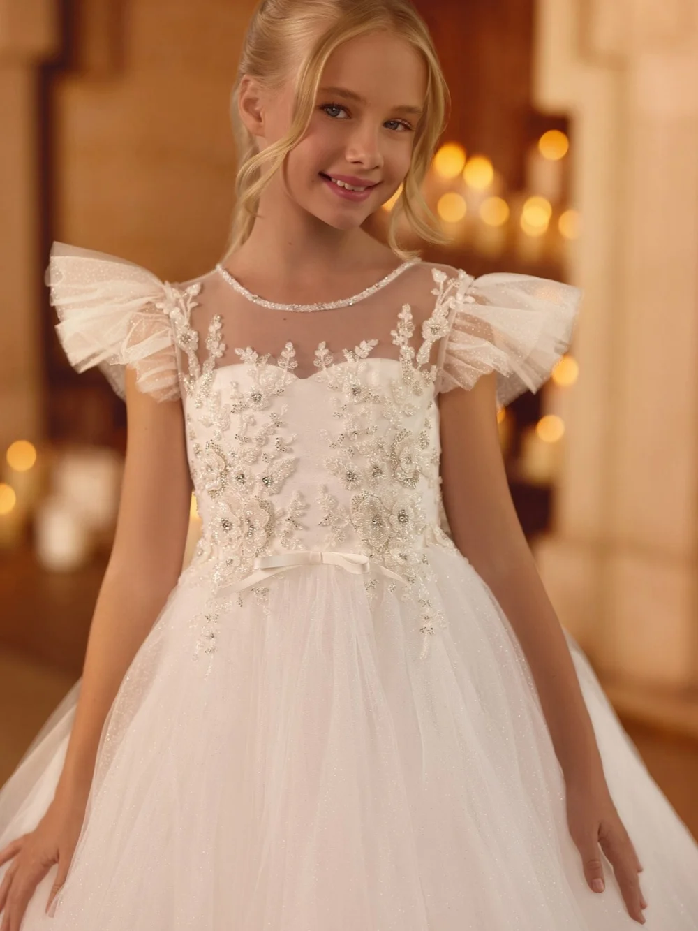Glitter Beaded Tulle Kids Princess Gown Wedding Guest Clothes Attractive Sweet A-line Long Bow Girls Dresses Birthday Party Wear