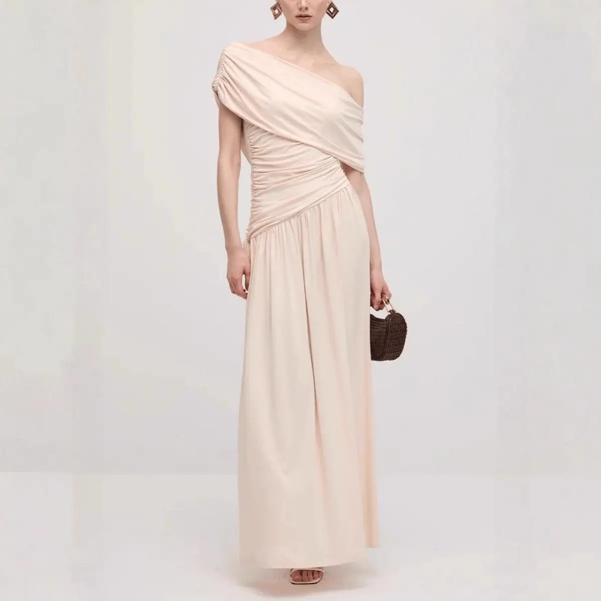 Jupe longue de soirée plissée, col incliné, Sexy, coupe cintrée, couleur Pure, taille haute, ligne a, t-shirt en Fiber d'acétate