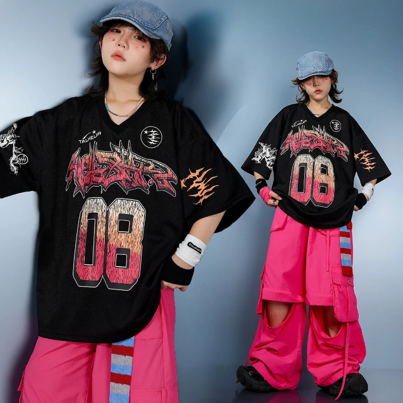 

New Boys Jazz Dance Costumes Black T Shirt Rose Pants Hip Hop Set Summer Loose Hip-Hop Performance Clothing Group Practice Wear