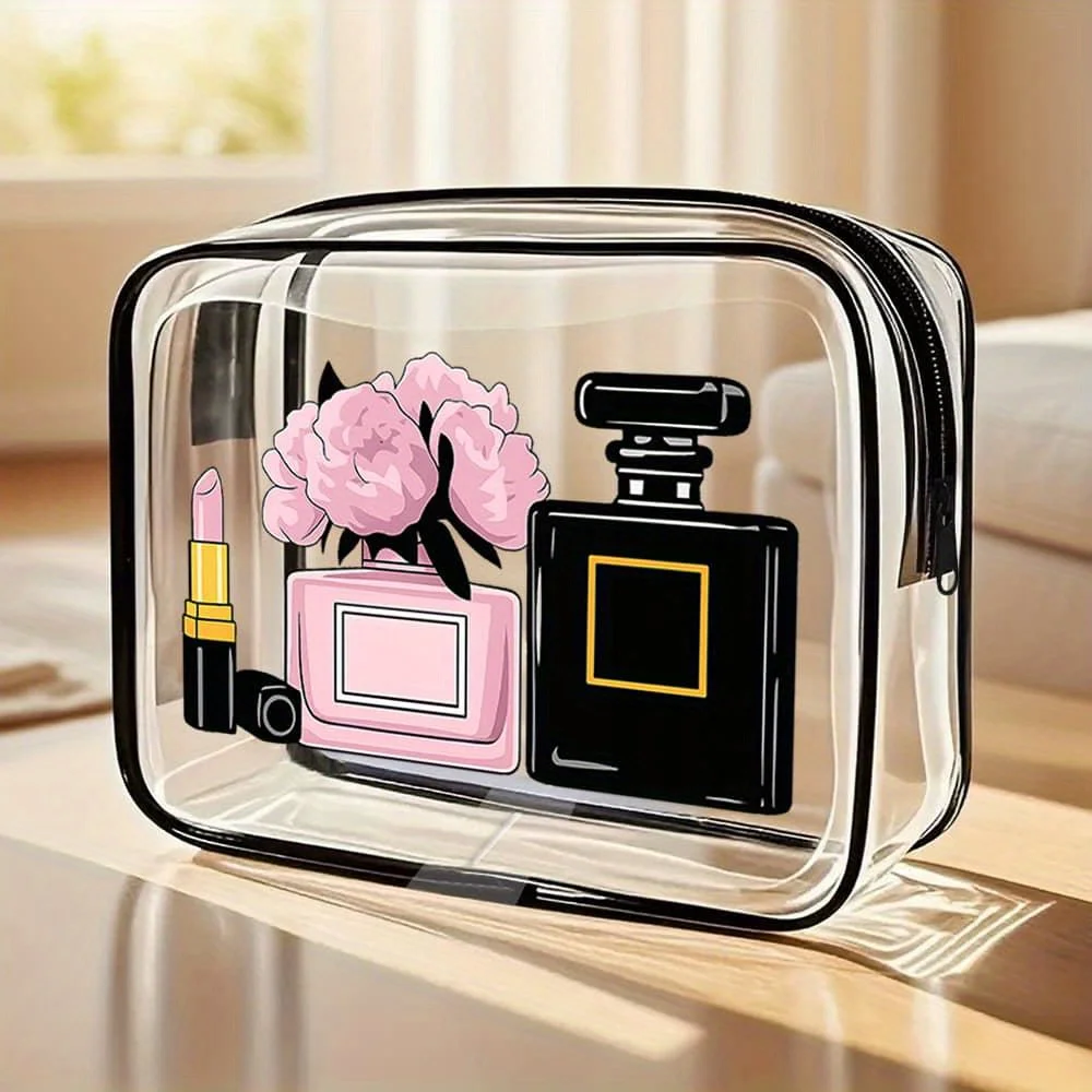 

Women' Floral & Perfume Design Small Clear Toiletry Bag - Elegant Travel Suitable for Travel, Gym, Beach & Weekender Trips - Com