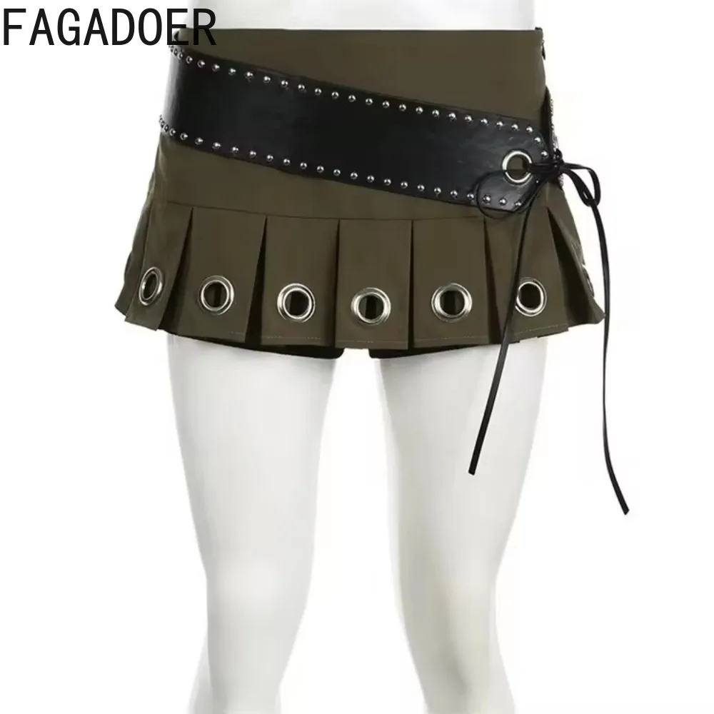 FAGADOER Punk Gothic 2 Piece Set Outfits Leather Bandage Lace-up Crop Top and Mini Pleated Skirt Suits Y2k Hot Girl Streetwear