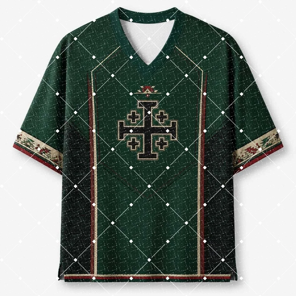 Mexico Jesus Christ Football Jersey Jerusalem Cross Print V‑Neck Aztec Ethnic Trim Green Short Sleeve Sports Tee Top