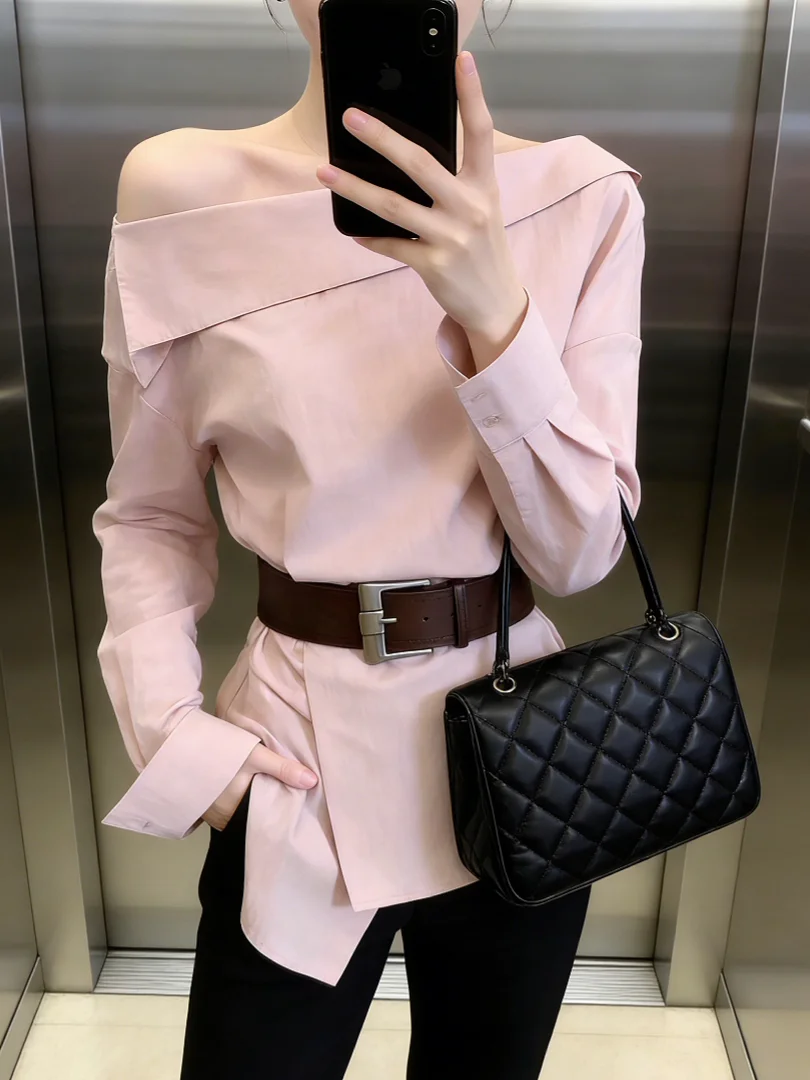 

Stunning Pink Off-Shoulder Shirt Women's Elegant Slimming High- Waist French Style Loose Fit Long Sleeve Beautiful Top