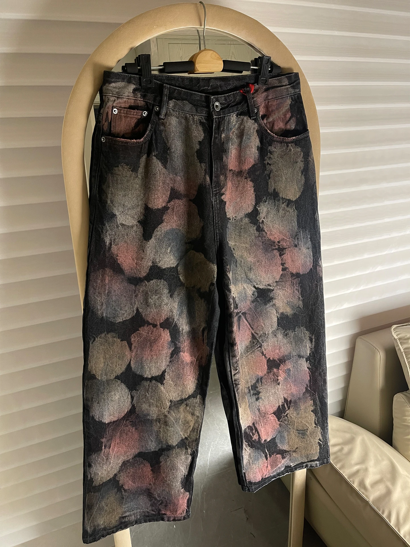 

Джинсы в парижском стиле, американские ретро-джинсы с эффектом тай-дай, свободные прямые брюки с широкими штанинами, унисекс, модный дизайн, повседневные, из хлопкового денима