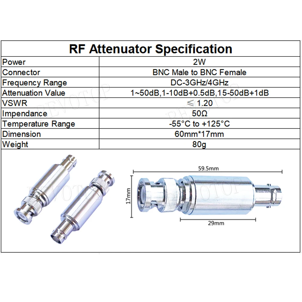 1Pcs 2W BNC RF Attenuator 1/2/3/5/6/10/15/20/30db/40db 50Ohm  DC-3Ghz/4Ghz RF Coaxial Power BNC Male Plug to BNC Female Jack
