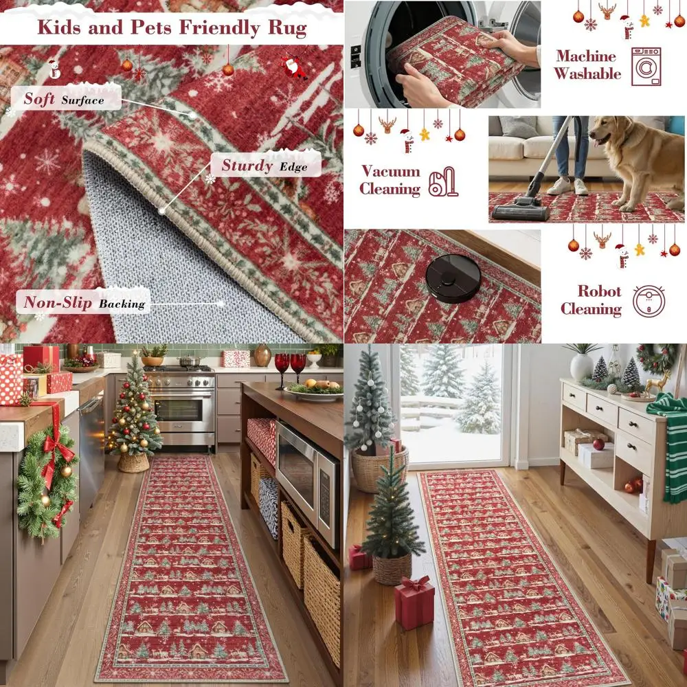 

Red 2x8' Christmas Tree Rug Runner, Non-Slip Washable for Hallway, Kitchen, and Bath, Plush Holiday Decor for Entryway and Bedro