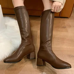 Women Boots 2023 Winter Fashion Women Knee-High-Boots Soft Leather Long Booties Ladies Partys Square Heel Shoes Zapatos