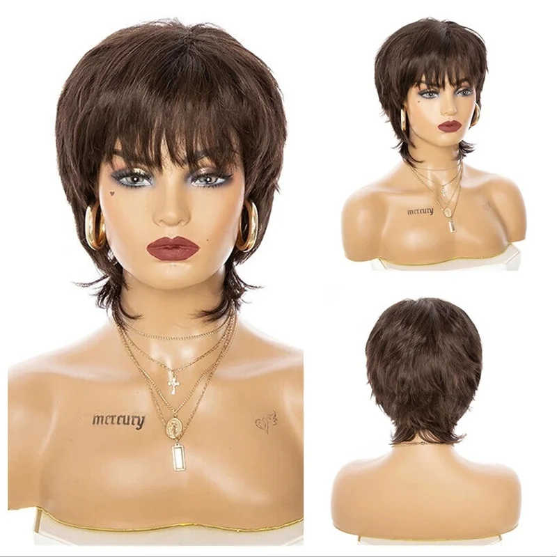 100% Human Hair Wigs Short Brown Wig with Bangs Fashion Pixie Cut Brown Wigs
