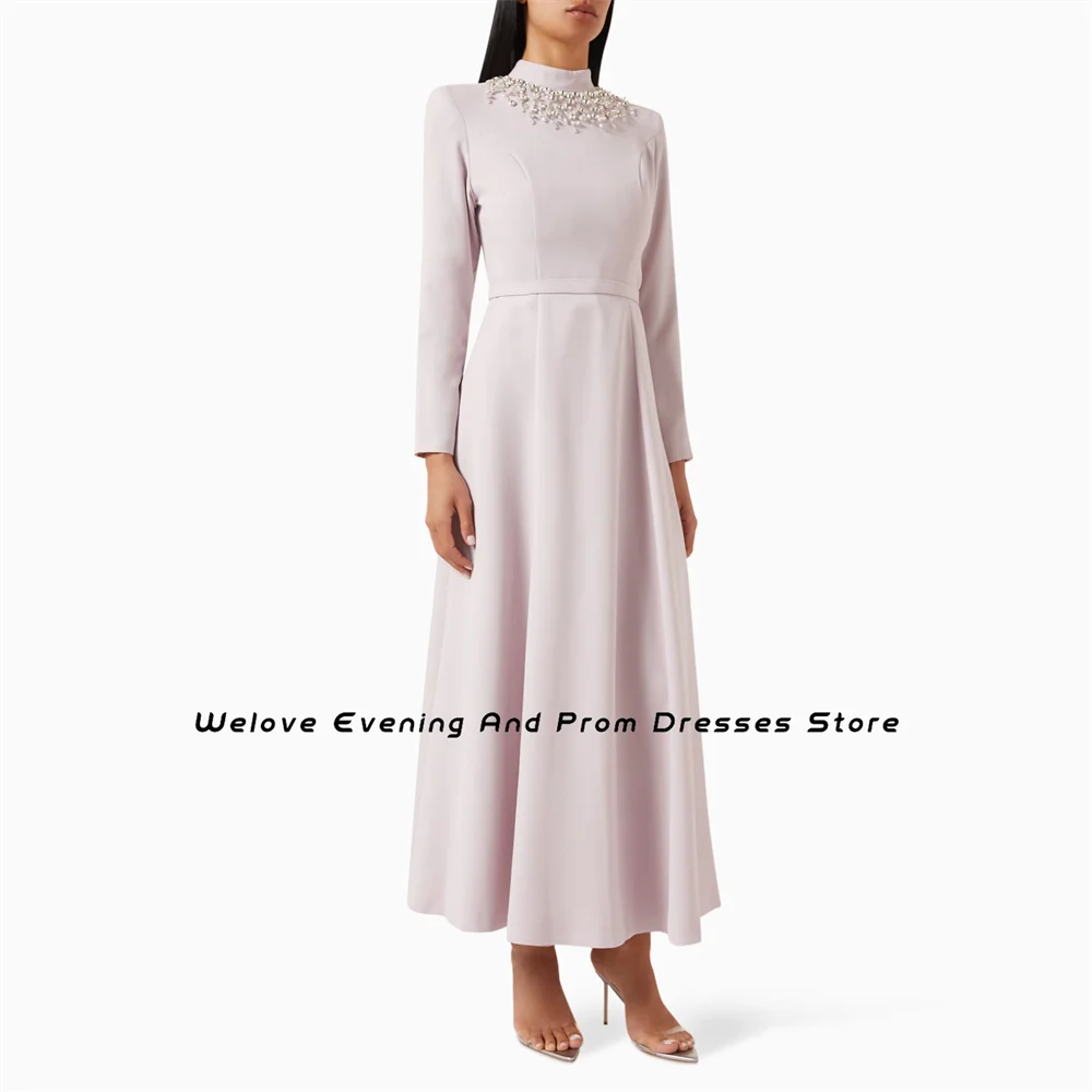 Welove Light Purple High Neck Evening Dresses Crystal Ankle Length A-Line Formal Occasions Dress with Long Sleeves New 2024