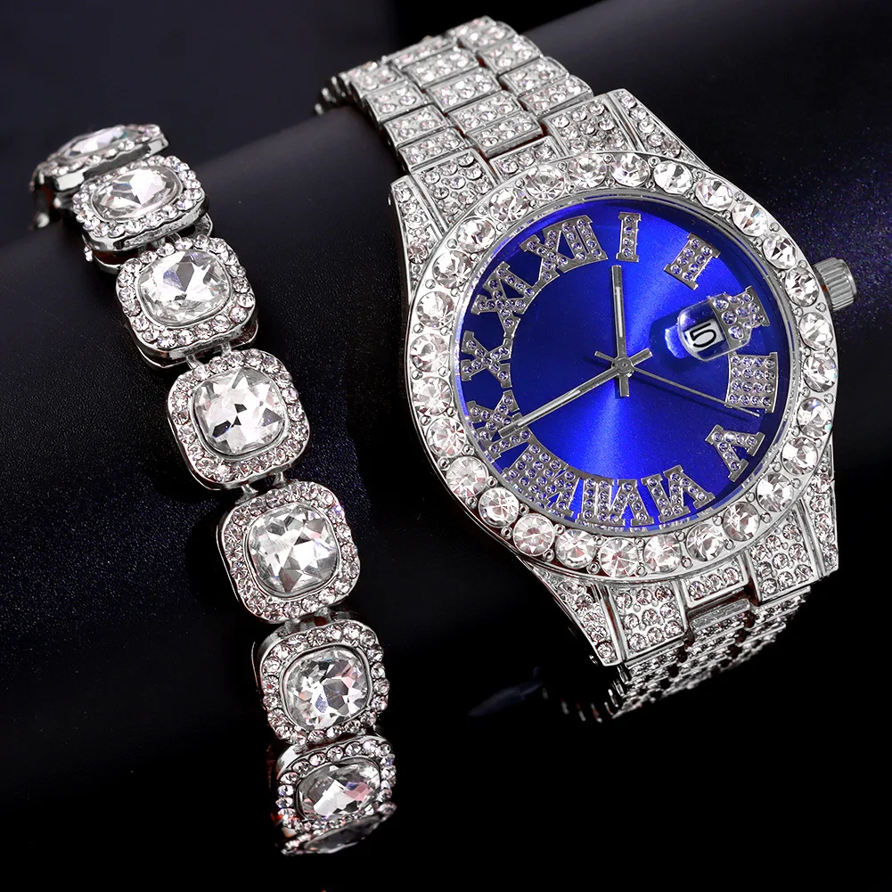 Hip Hop Men Women Crystal Square Tennis Chain Necklaces Set Bling Rhinestones Iced Out Chain Necklaces Bracelet Watch Jewelry