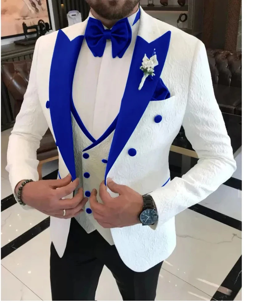 

White embroidered jacquard wedding dinner show host suit, single-breasted three-piece slim-fit men's outfit (Blazer+Vest+Pants )