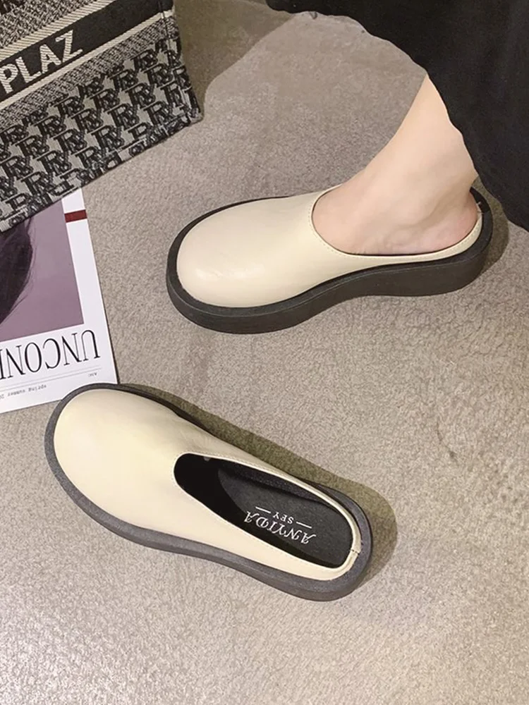 Shoes Women Cover Toe Female Slippers Slides Platform Square heel Med Fashion Soft 2023 Block Luxury Retro PU Hoof Heels