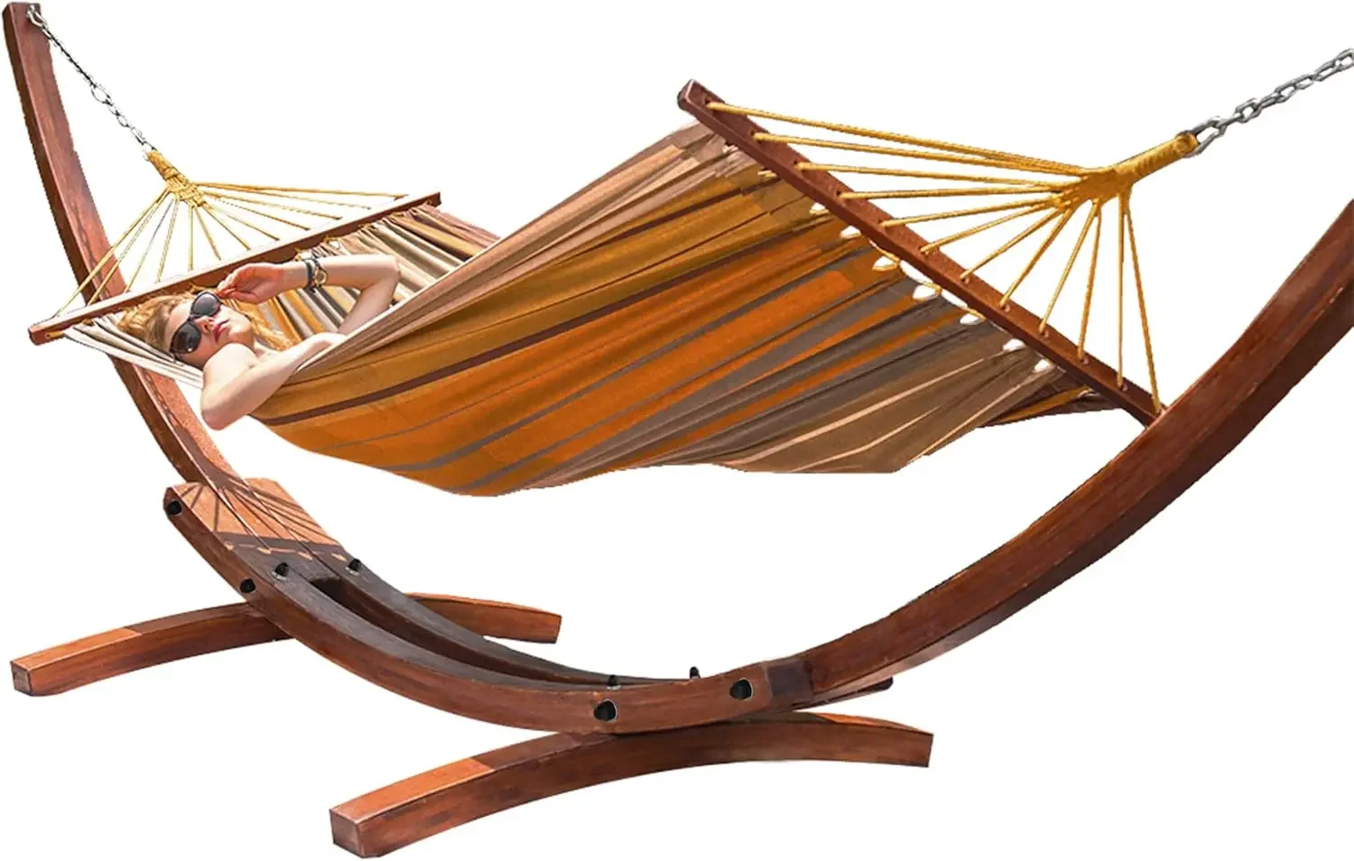 Lazy Daze Hammocks 2 Person Cotton Fabric Hammock with Spreader Bars and 10.5 FT Wood Arc Hammock Stand, Double Hammock with Woo