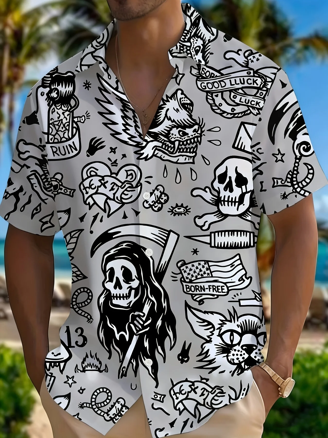 Classic Old School Tattoo Skull Reaper Banner Pattern Unisex Short Sleeve Blouse Camp Collar Loose Biker Vacation Shirt