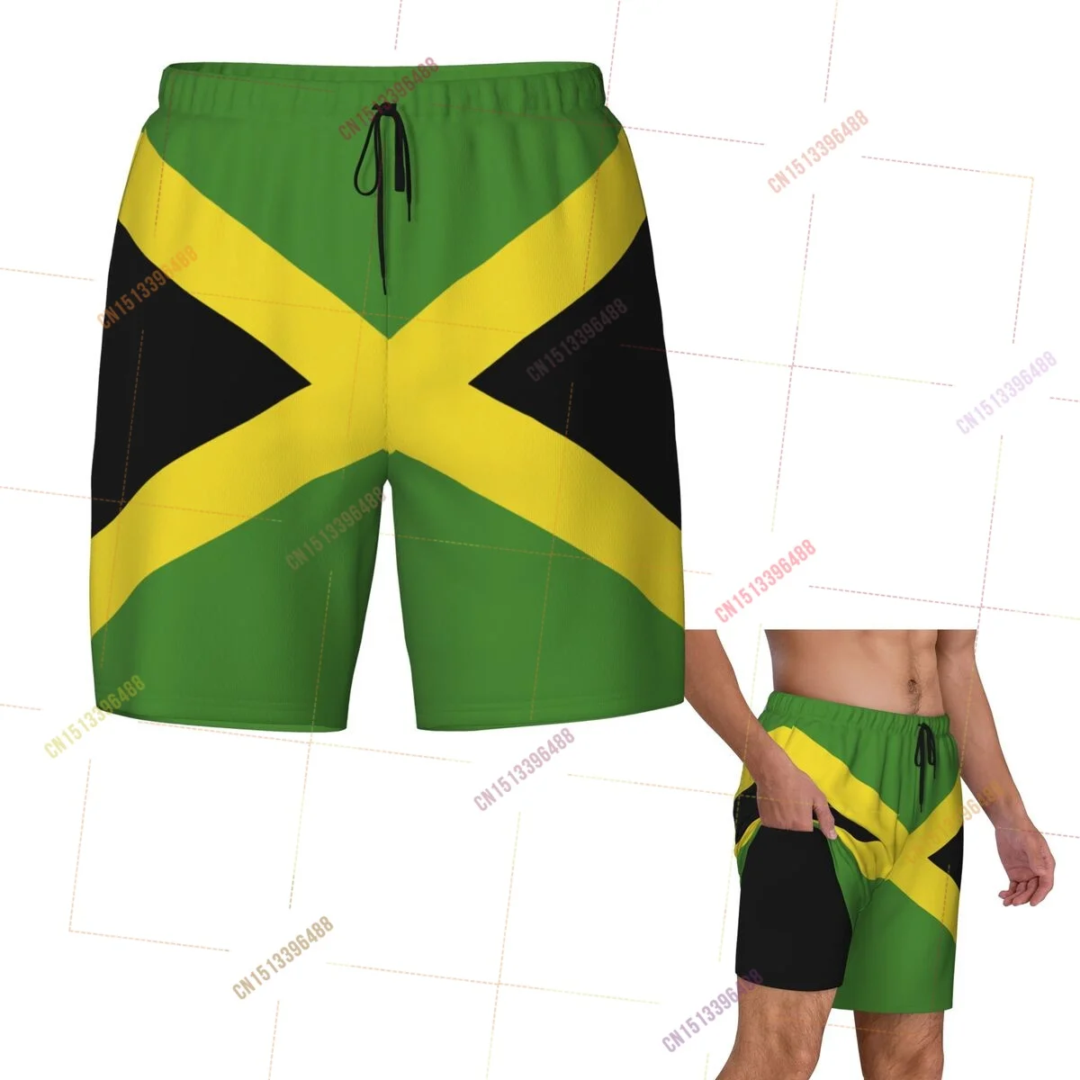 2026 Jamaica Flag Top Print 3D Mens Swimming Trunks Hawaiian Bathing Beach 2 in 1 Quick-Dry Summer Swim Shorts With Pockets