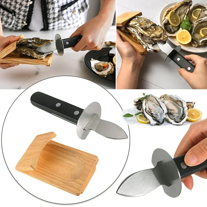 Oyster Shucking Set Stainless Steel Knife Wood Clamp Holder Protective Tool for Opening Clams and  Oysters Seafood Tools Nifes