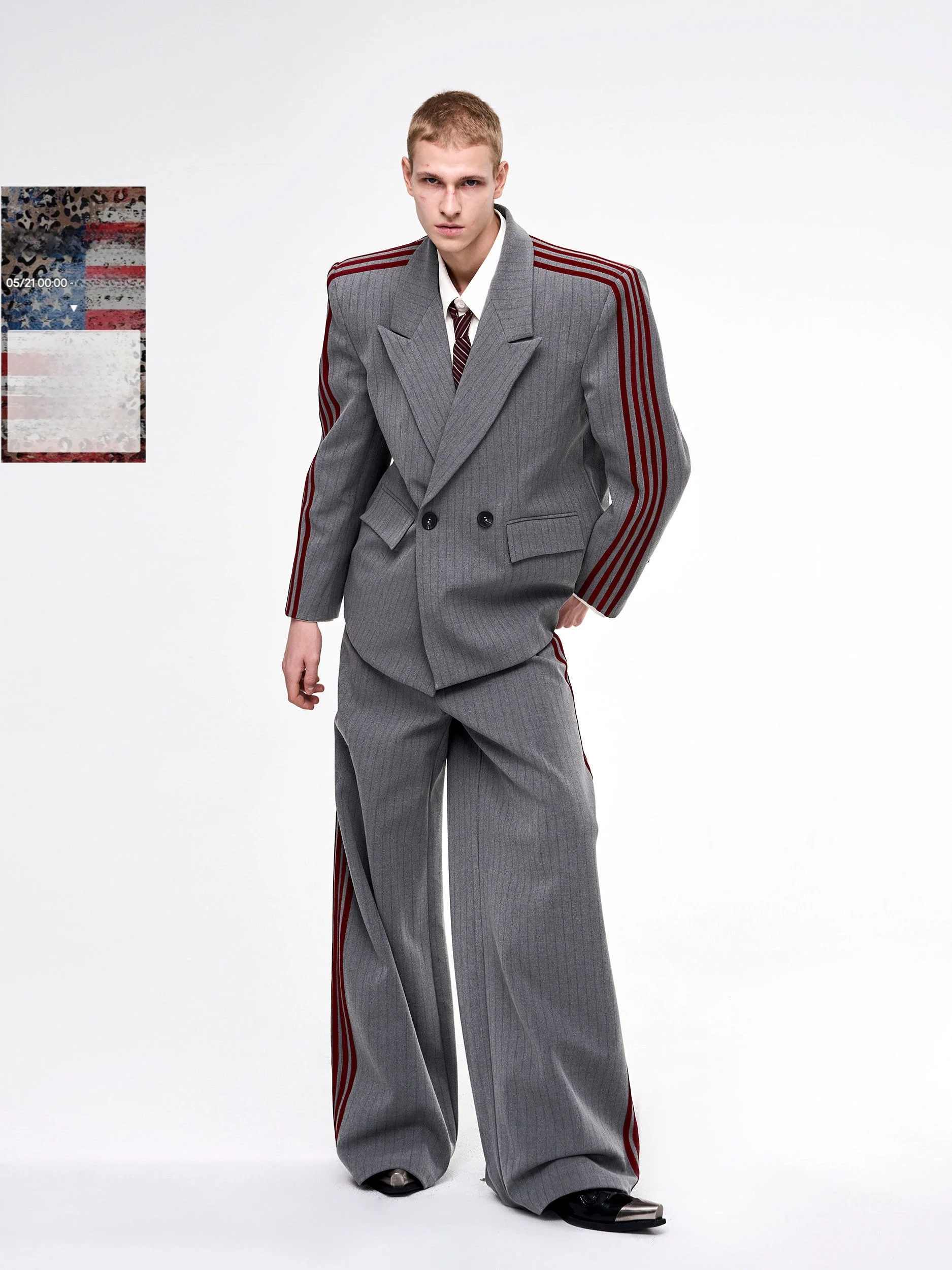 

Gray Vertical Striped Men's Suit Jacket with Shoulder Pads Autumn Season Double Row Buttons Casual Style Polyester Cotton Blend
