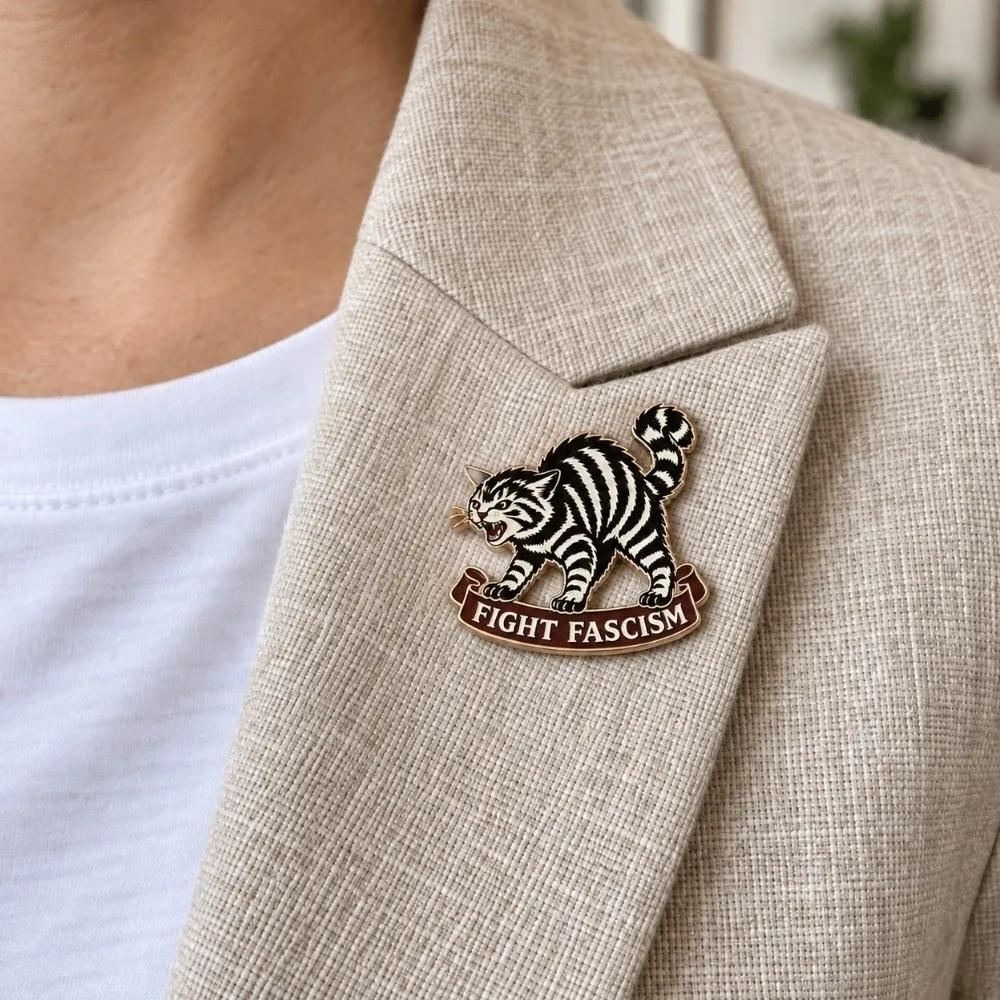 Enamel Fight Fascism Cat Pin Bold Statement with Red Banner Lapel Pin Striped Cat Tattoo Flash Enamel Brooch for Jackets Bags