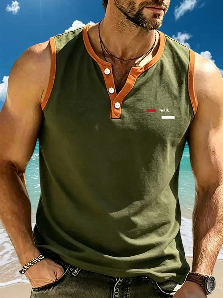 Mens Button Henley Neck Sleeveless Tank Top Contrast Binding Edge Minimal Strip PARIS Print Soft Casual Daily Wear Vest