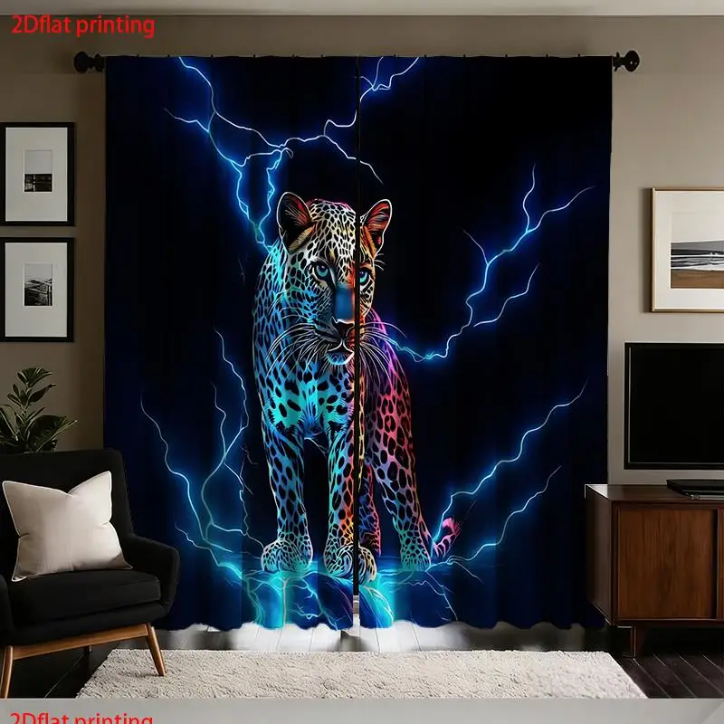 2pcs Electric Lightning Tiger Curtains Blue Jungle Animal Print Window Curtains Home Decor